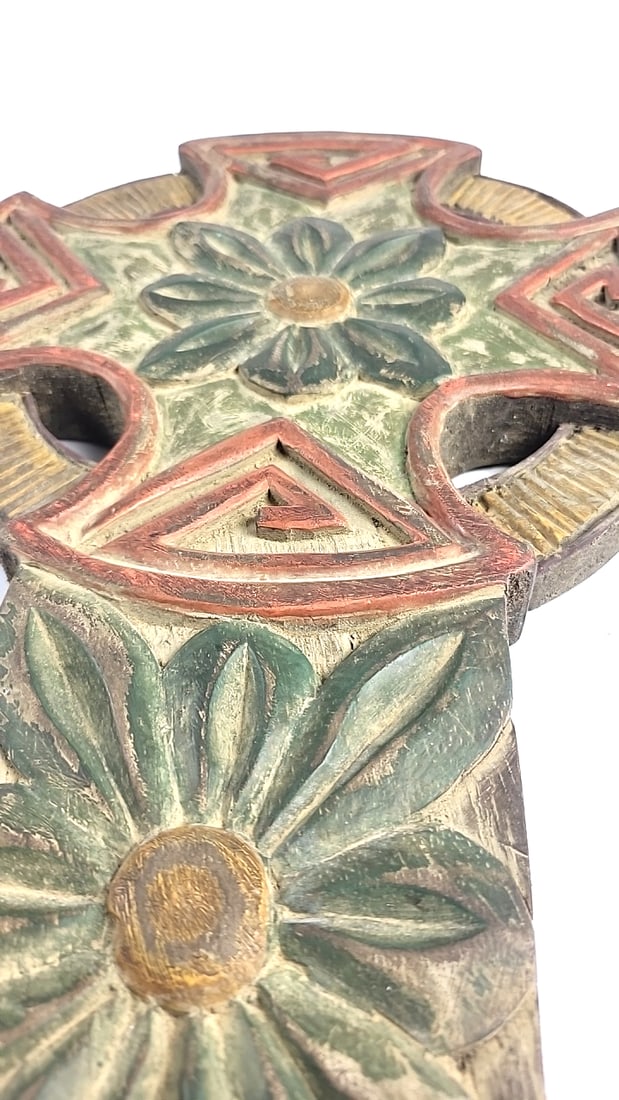 Carved Painted Wood Celtic Cross Wall Plaque, Floral Geometric Design - 3