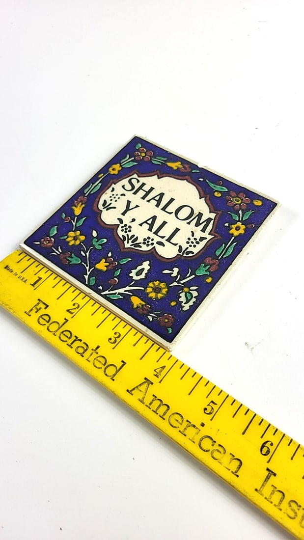 4 in Ceramic Tile Wall Hanging Plaque "Shalom Y'all" Blue Floral - 3