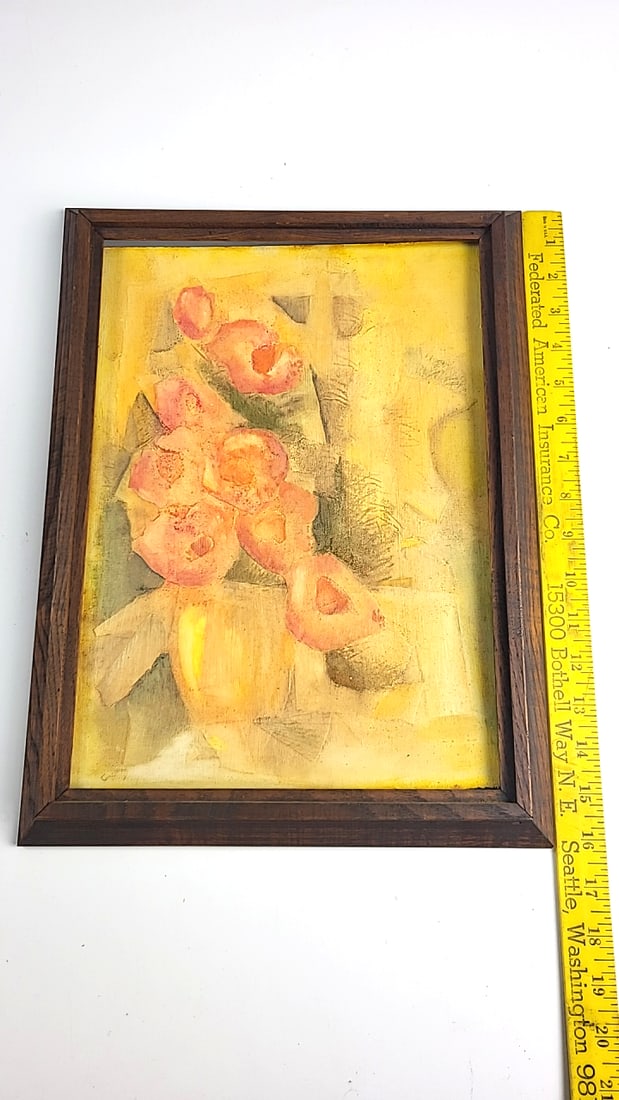 Framed Floral Still Life Painting with Pink Flowers, Yellow Background, Wood Frame - 2
