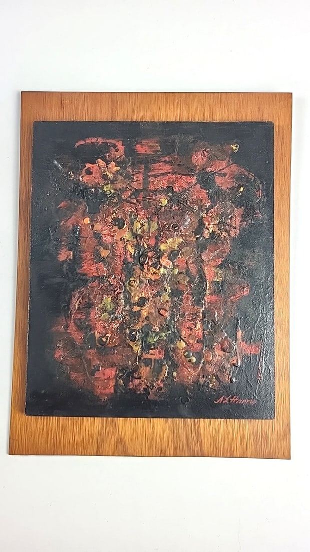 A.L. Harris Signed Abstract Mixed Media Painting on Wood Panel Plaque (1 of 5)
