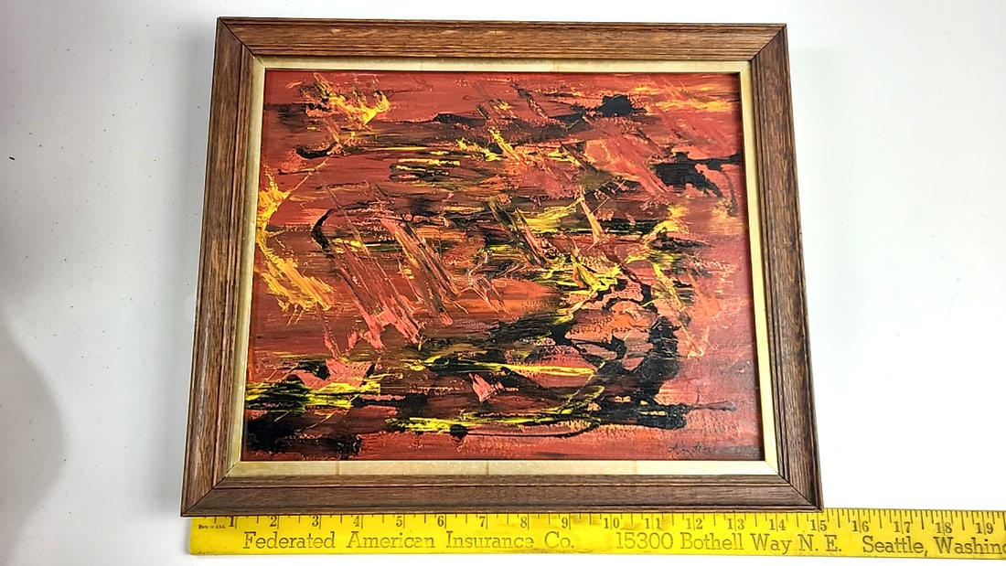 Signed Framed Abstract Impasto Painting, Red Black Yellow, Approx 15 x 13 in - 5