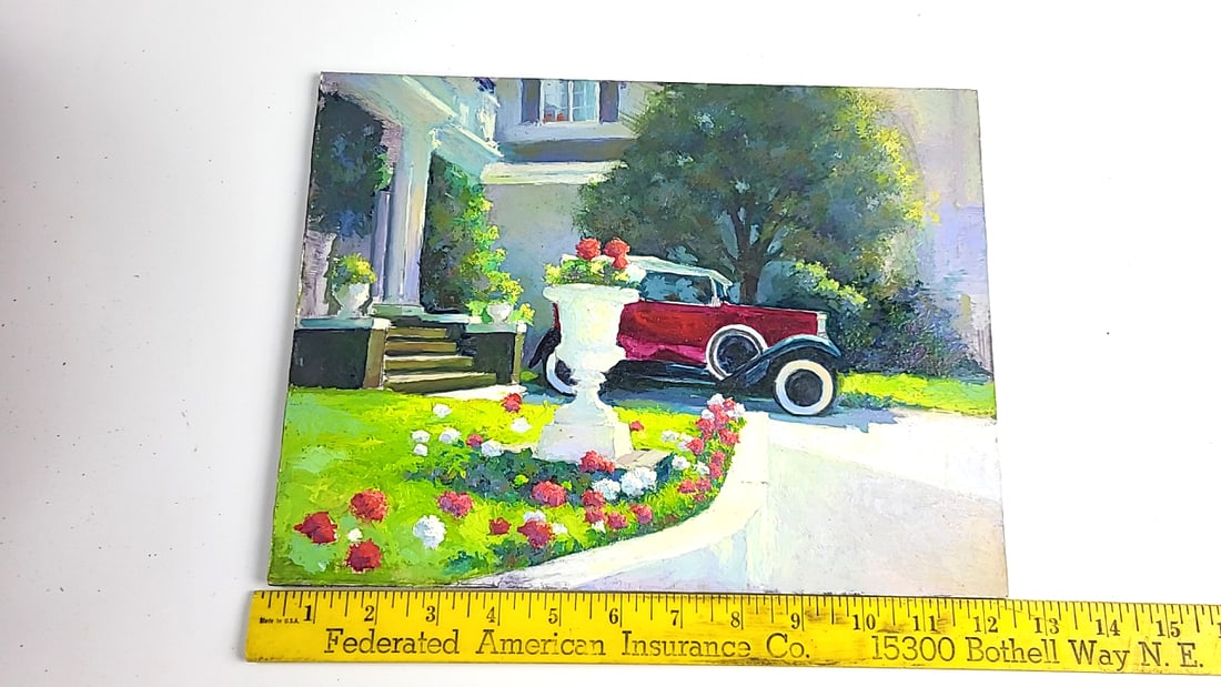 Red Classic Car Garden Scene Painting on Board, 12 x 9 in - 2