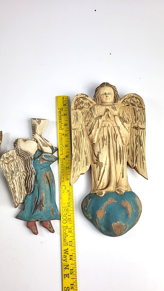 Set of 3 Carved Wood Painted Angel Wall Hangings, Made in Philippines - 2