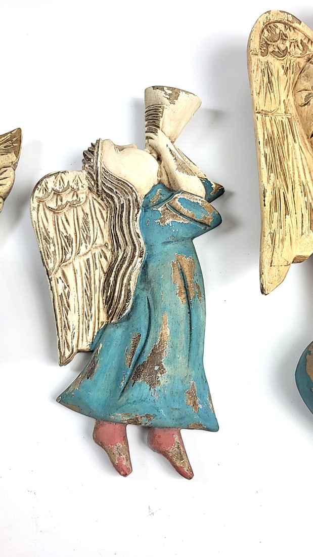 Set of 3 Carved Wood Painted Angel Wall Hangings, Made in Philippines - 3