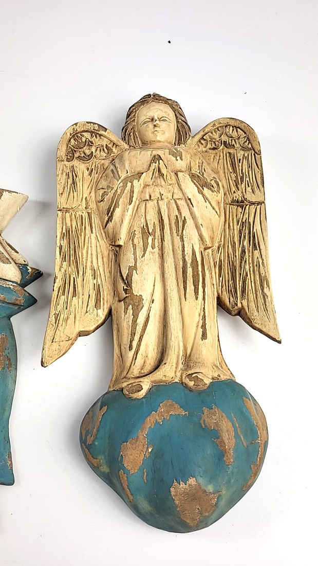 Set of 3 Carved Wood Painted Angel Wall Hangings, Made in Philippines - 4