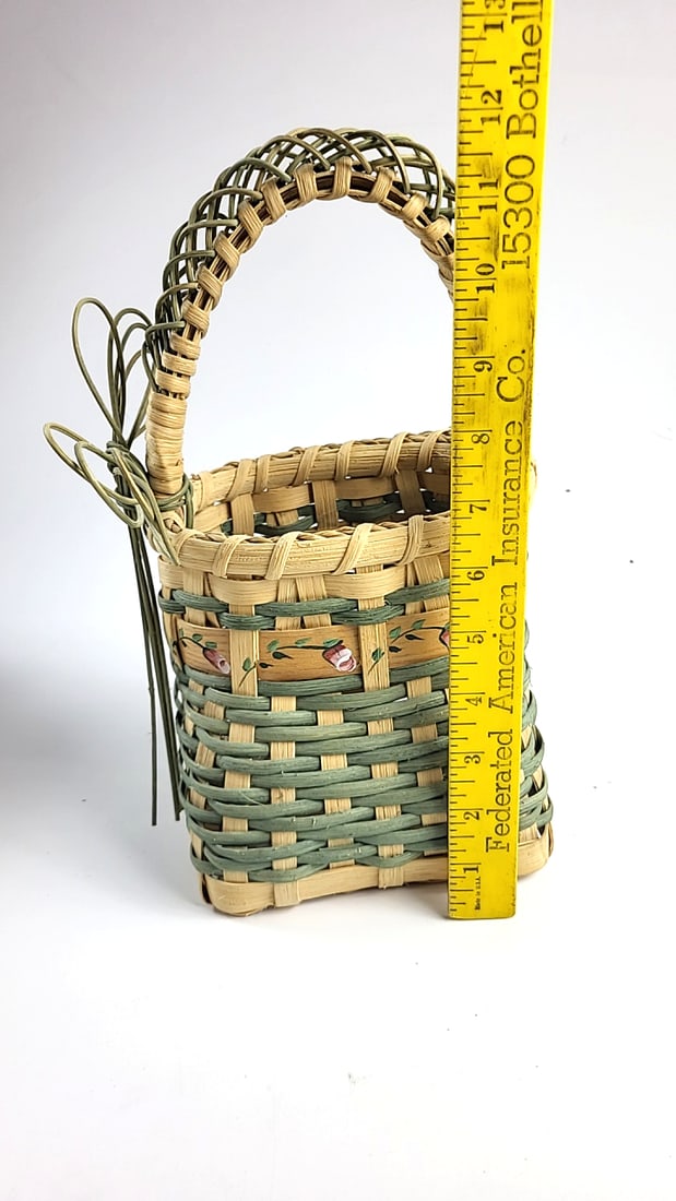 Cynthia Signed Green & Tan Woven Wicker Basket with Arched Handle, Bow and Floral Accents - 2