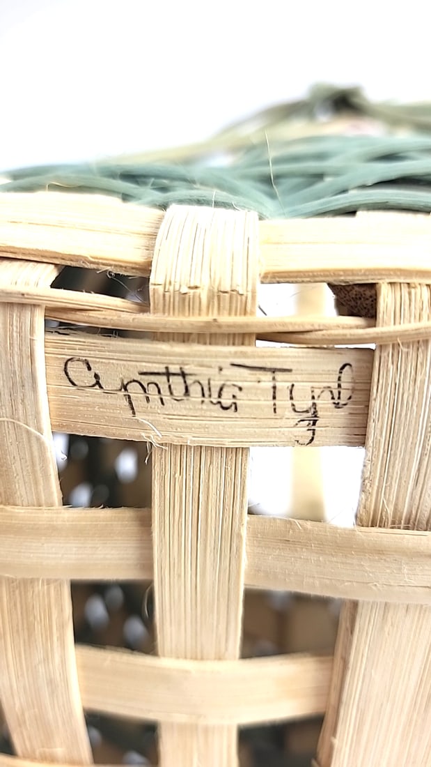 Cynthia Signed Green & Tan Woven Wicker Basket with Arched Handle, Bow and Floral Accents - 5