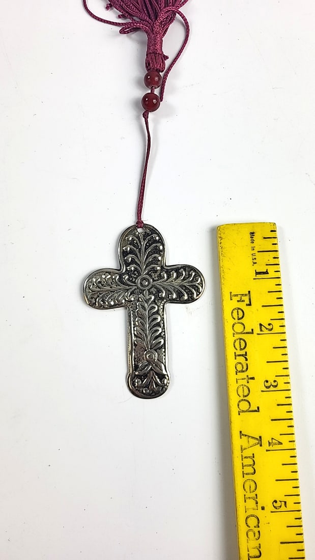 Embossed Silver Tone Metal Cross Ornament with Burgundy Tassel and Beads - 2