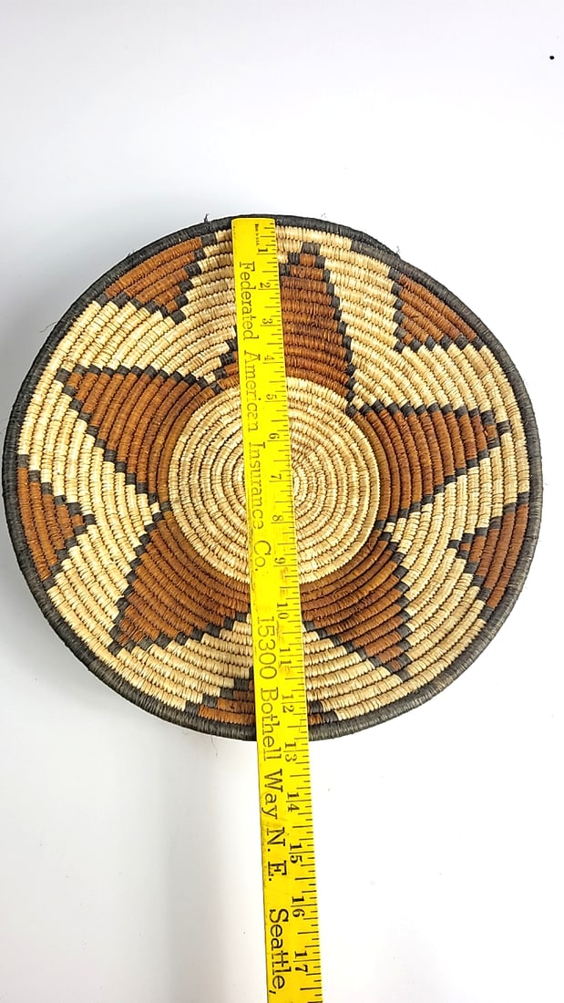 Handwoven Coiled Basket Bowl Tan Brown Black Geometric Pattern 13 in - 2