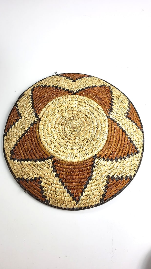 Handwoven Coiled Basket Bowl Tan Brown Black Geometric Pattern 13 in - 3