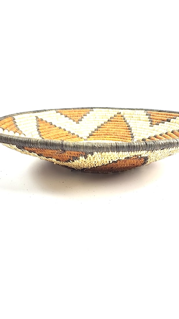 Handwoven Coiled Basket Bowl Tan Brown Black Geometric Pattern 13 in - 4