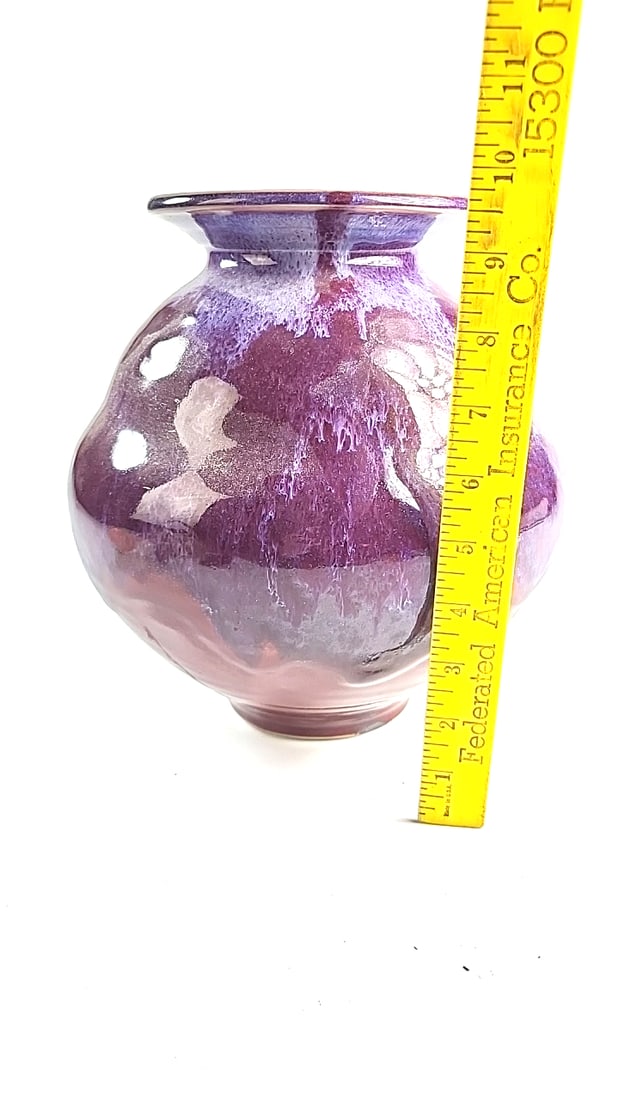 Signed Purple Pink Iridescent Glazed Art Pottery Vase 10 in - 2