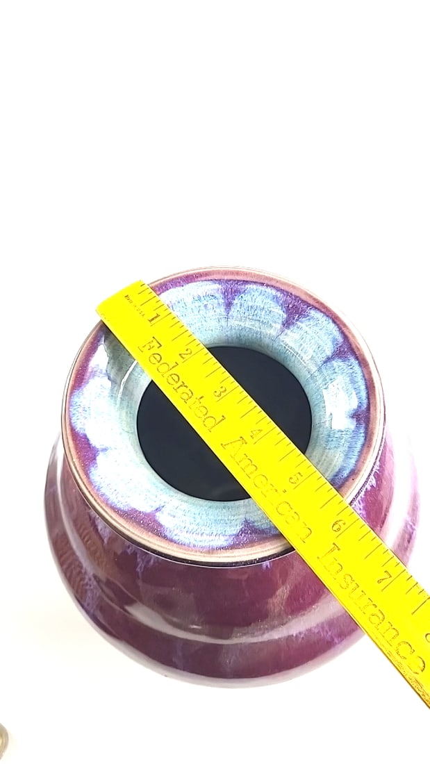 Signed Purple Pink Iridescent Glazed Art Pottery Vase 10 in - 6
