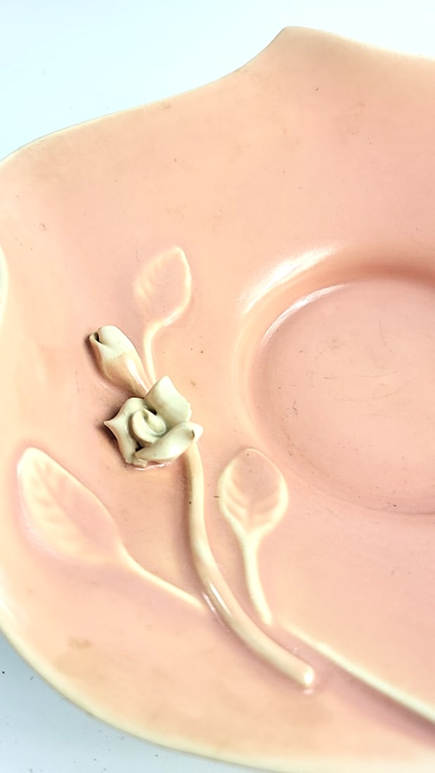 Pink Flower ceramic Bowl with Raised Flower 10 in signed - 4