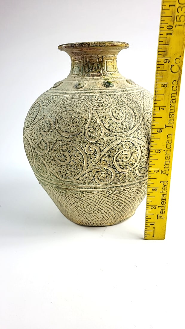 Textured Ceramic Vase with Raised Scroll Design, Flared Rim, Cream Gold Green, 10 in - 2