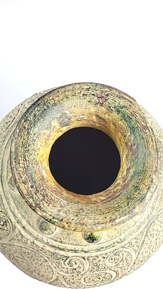 Textured Ceramic Vase with Raised Scroll Design, Flared Rim, Cream Gold Green, 10 in - 3