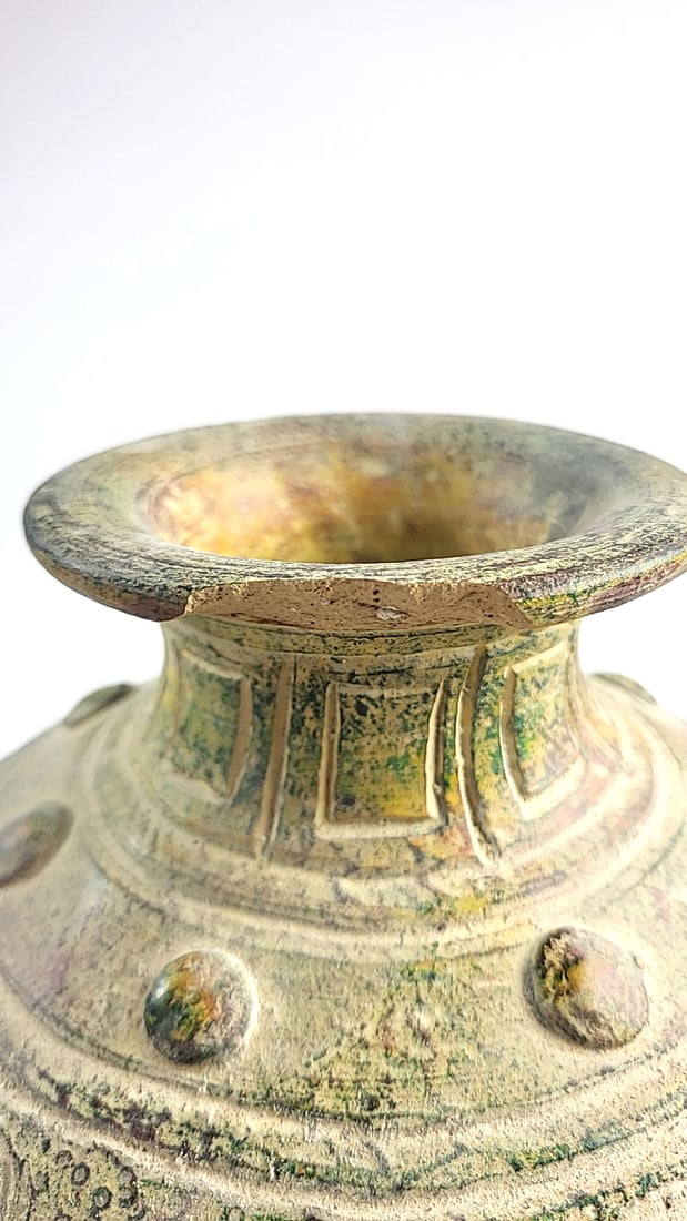 Textured Ceramic Vase with Raised Scroll Design, Flared Rim, Cream Gold Green, 10 in - 4