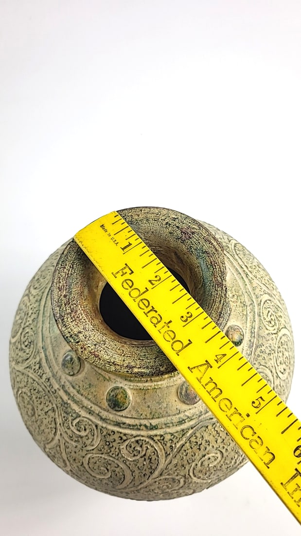 Textured Ceramic Vase with Raised Scroll Design, Flared Rim, Cream Gold Green, 10 in - 6