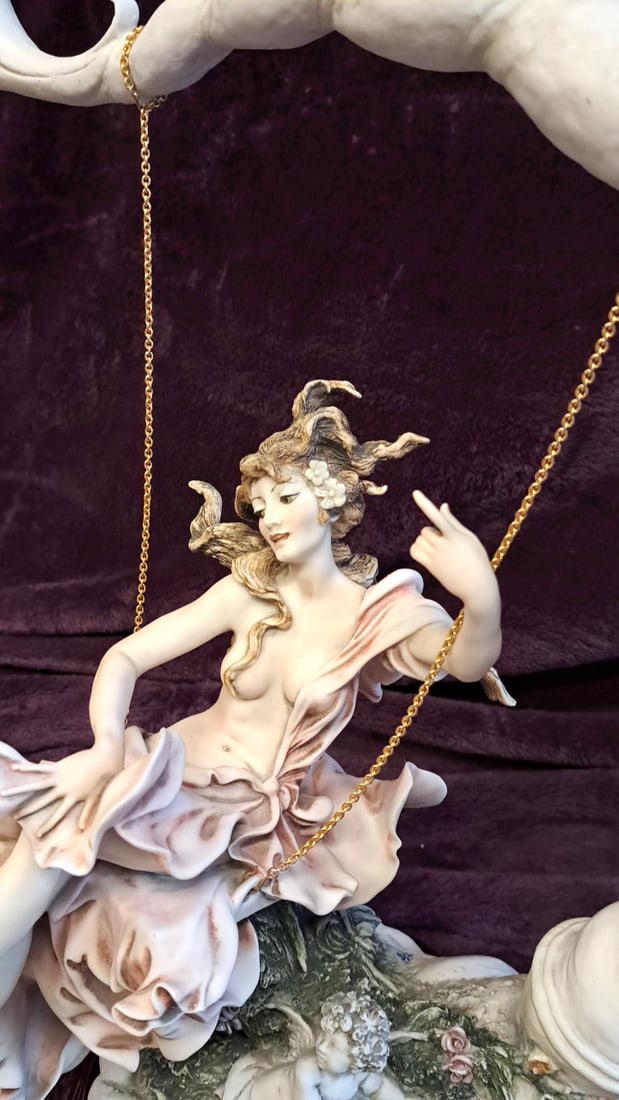 Giuseppe Armani Lady On Swing With Cherub Figurine Sculpture On Wood Base - 3