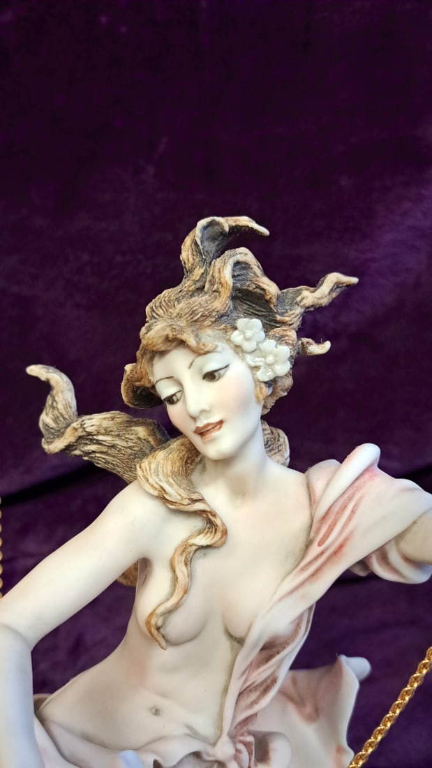 Giuseppe Armani Lady On Swing With Cherub Figurine Sculpture On Wood Base - 4