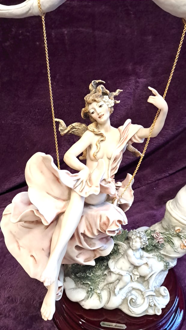 Giuseppe Armani Lady On Swing With Cherub Figurine Sculpture On Wood Base - 5