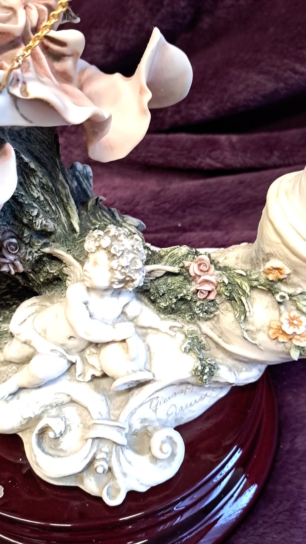 Giuseppe Armani Lady On Swing With Cherub Figurine Sculpture On Wood Base - 6