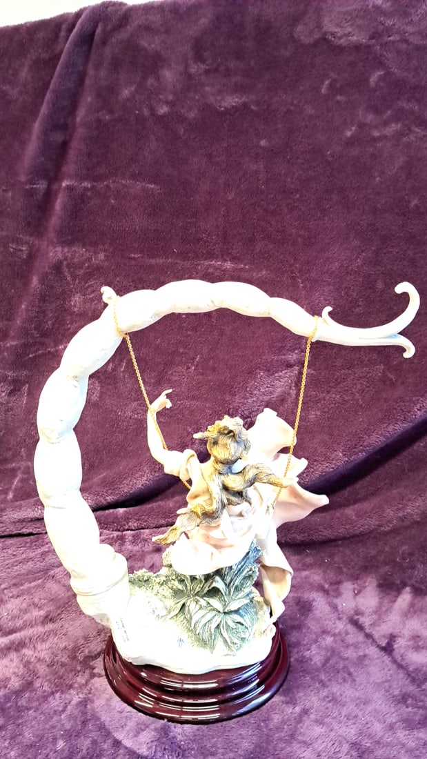 Giuseppe Armani Lady On Swing With Cherub Figurine Sculpture On Wood Base - 9