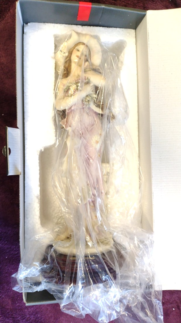 Porcelain Giuseppe Armani Daisy Lady Figurine With Hat Flowers, Pink Dress, Wood Base, Approx 14 In - 2