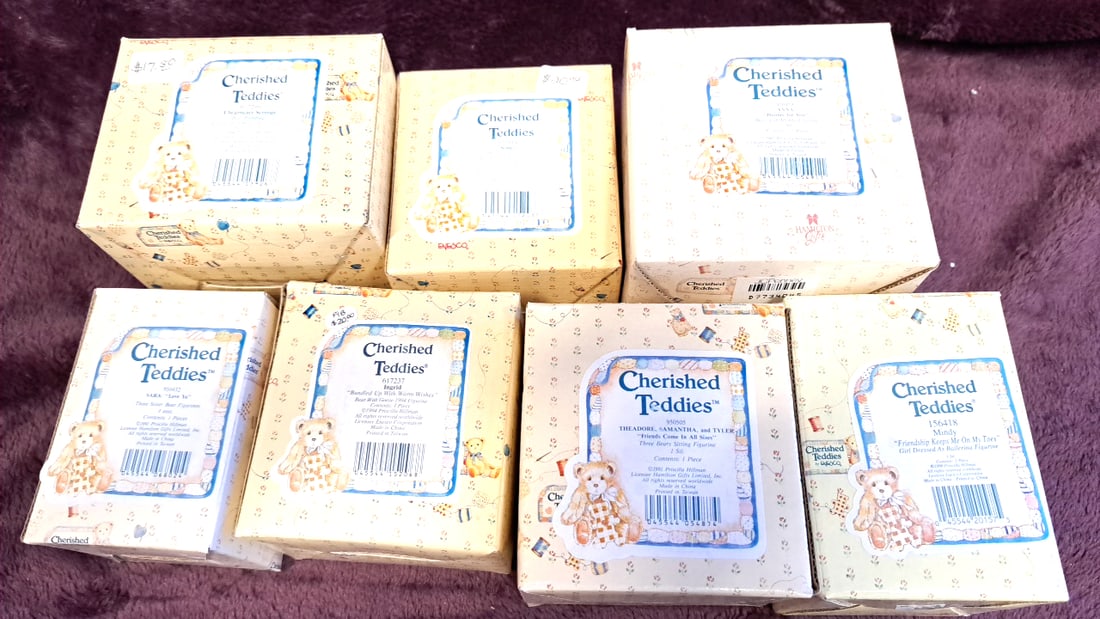 Cherished Teddies By Enesco Bear Figurines Lot Of 7 With Boxes: 5 x 5 x 15 1 lb Low Estimate: 20.00 High Estimate: 60.00