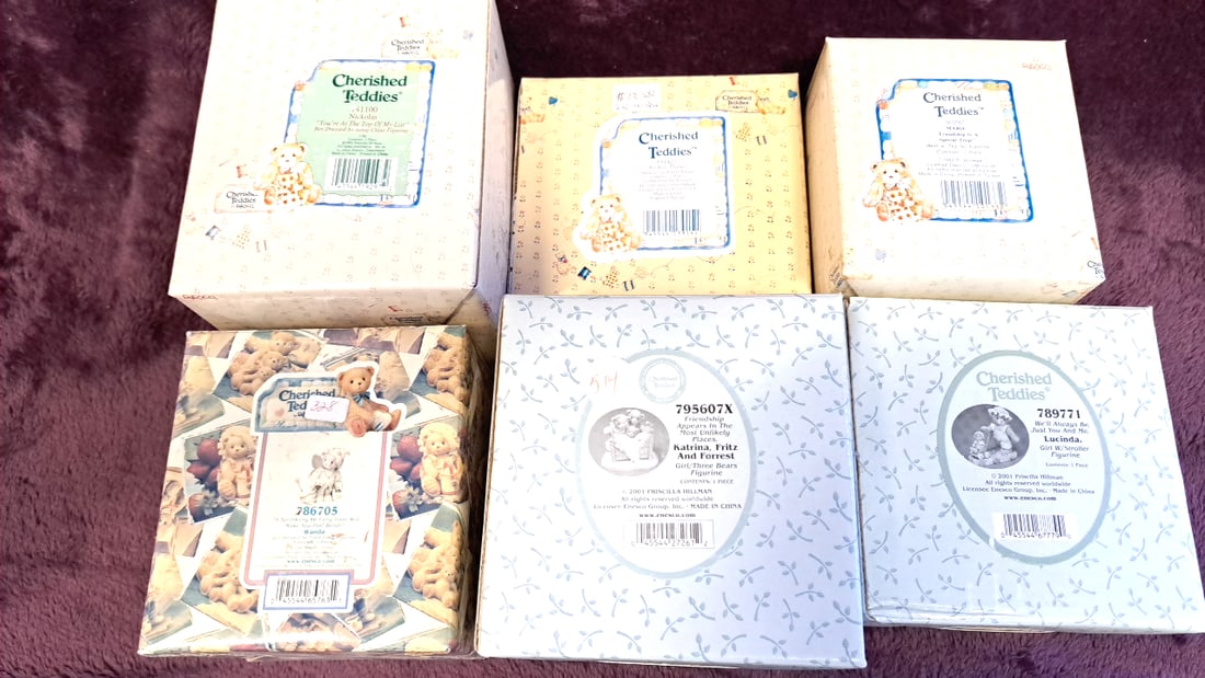 Enesco Cherished Teddies Figurines Lot Of 6: 104100 Nicholas, 795607x Katrina/fritz/forrest, 789771: 5 x 6 x 15 1 lb Low Estimate: 20.00 High Estimate: 75.00