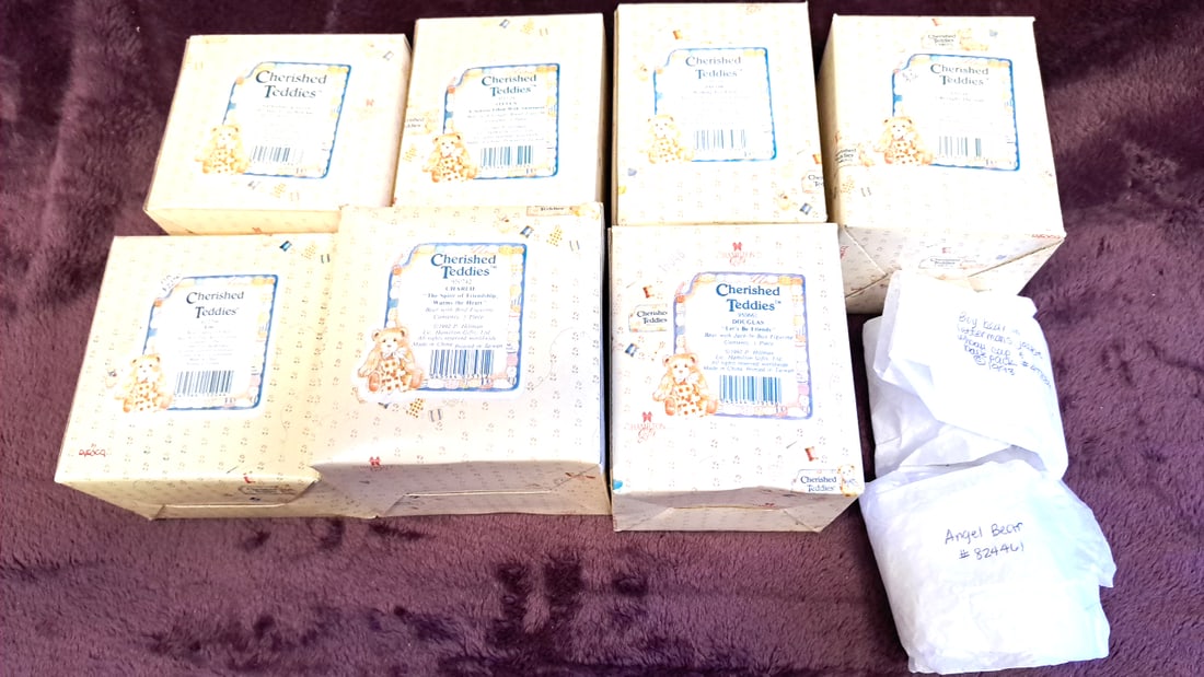 Cherished Teddies By Enesco Boxed Figurine Lot Nathaniel Eric Steven Charlie Jacob Douglas: 8x6x15 3lbs Low Estimate: 20.00 High Estimate: 80.00