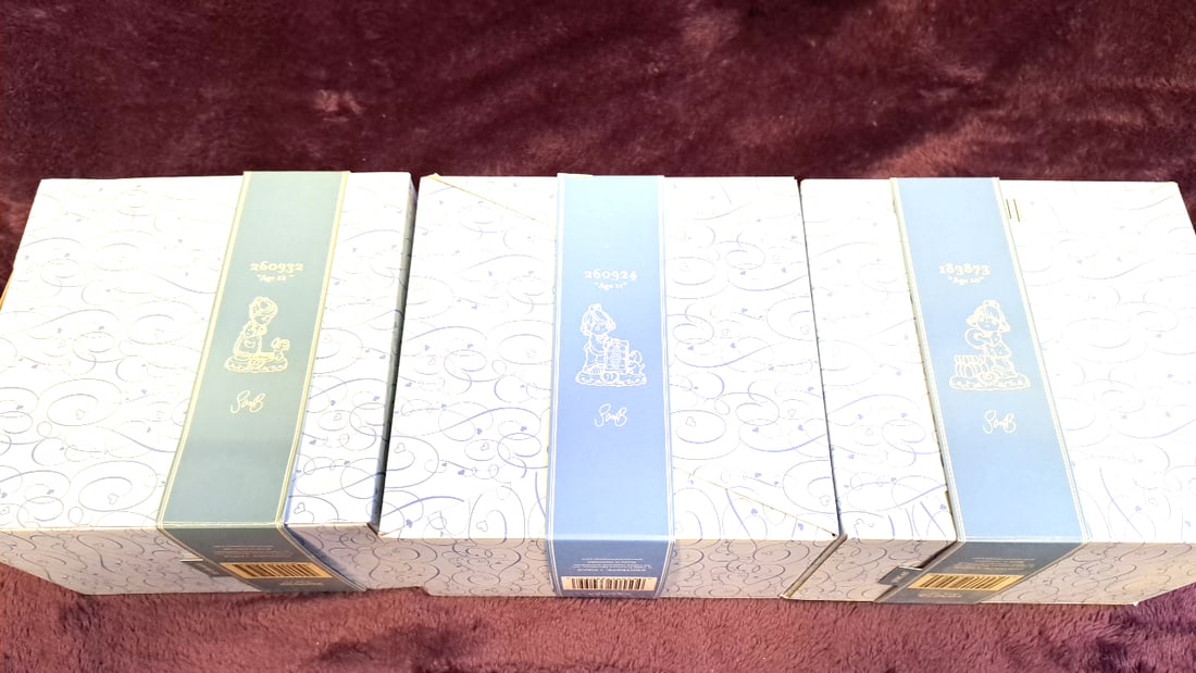 Precious Moments Birthday Age 10, 11 & 12 Porcelain Figurines 183873 260924 260933 Boxed: 9 x 7 x 5 1 lb Low Estimate: 15.00 High Estimate: 50.00