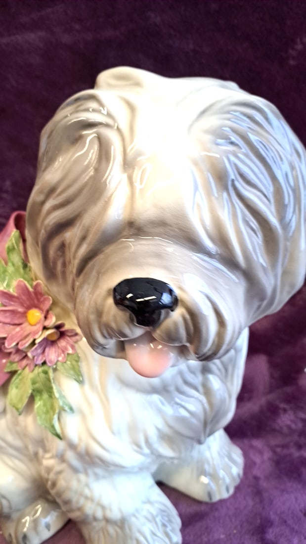 Betlar Inc Ceramic Shaggy Dog Figurine With Pink Bow And Flowers, 17 In - 2