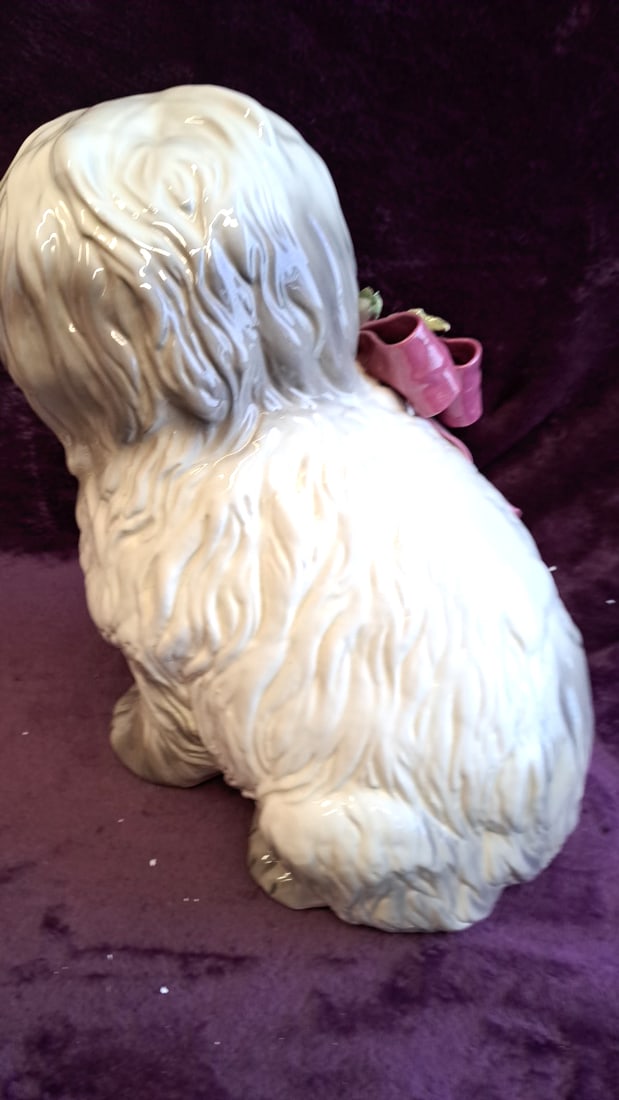 Betlar Inc Ceramic Shaggy Dog Figurine With Pink Bow And Flowers, 17 In - 6
