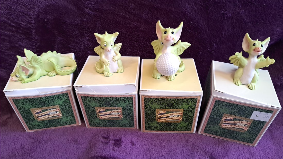 The Whimsical World Of Pocket Dragons Figurines Lot Of 4 With Boxes Green Dragons: 5 x 4 x 13 0. 5 lb Low Estimate: 40.00 High Estimate: 80.00