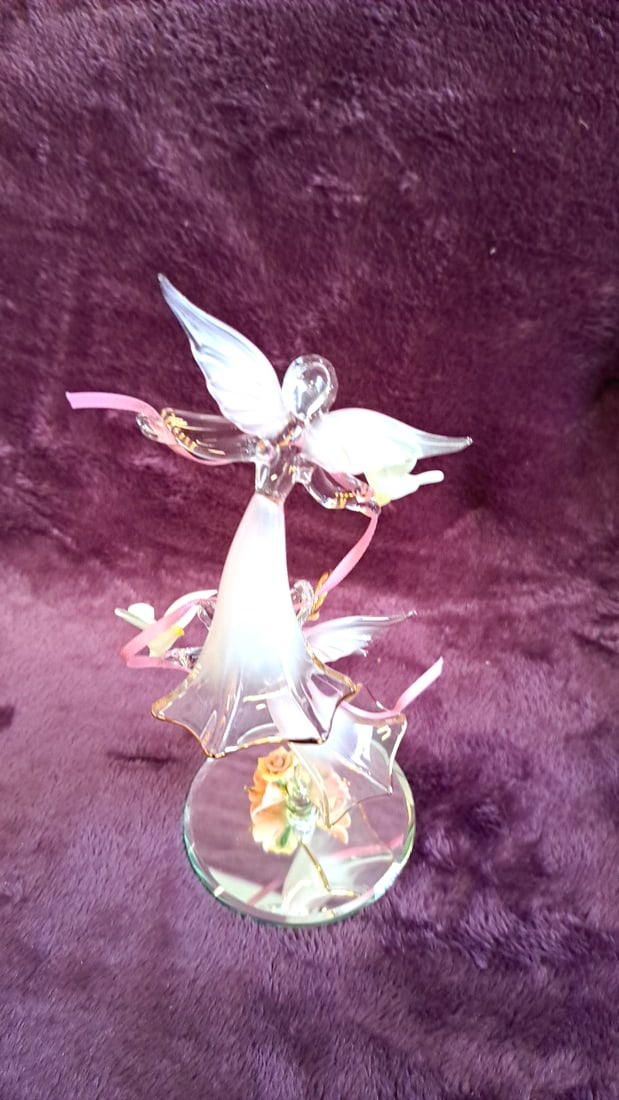 Glass Baron A6 875 Double Angels With Doves Glass Figurine Mirror Base - 3