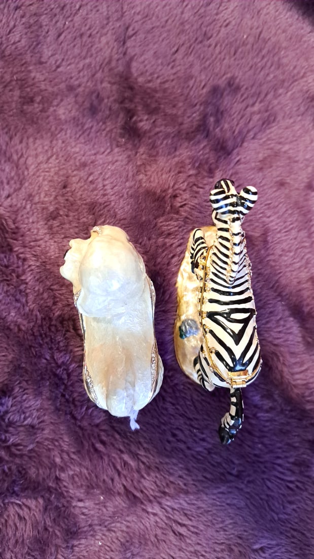 Set Of 2 Jeweled Enamel Hinged Trinket Boxes Zebra & White Dog Figurines 3" - 11