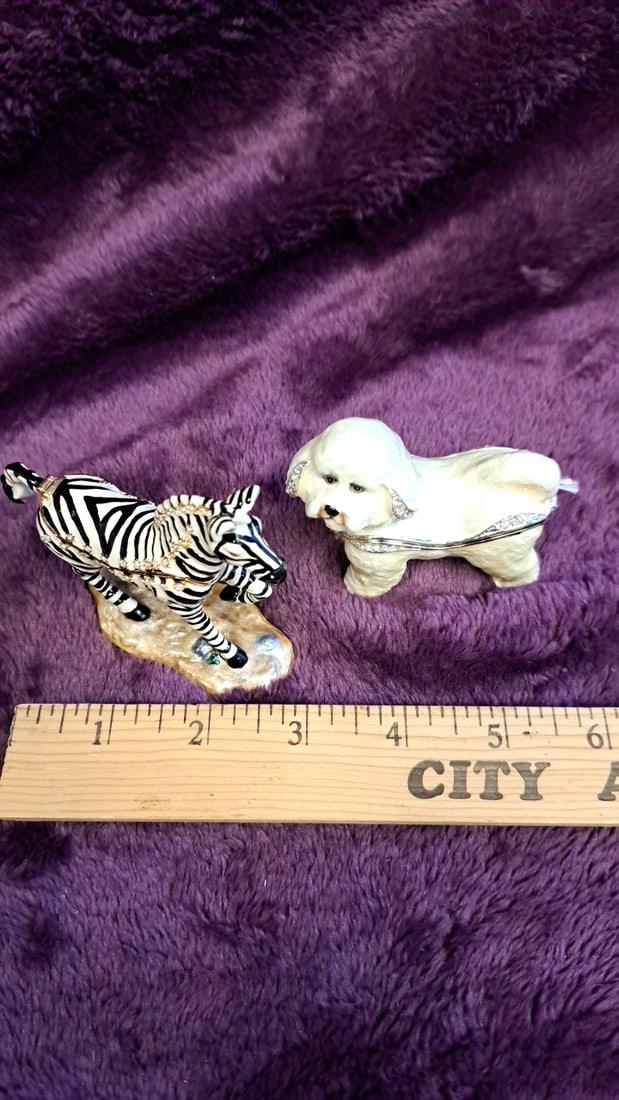 Set Of 2 Jeweled Enamel Hinged Trinket Boxes Zebra & White Dog Figurines 3" - 2