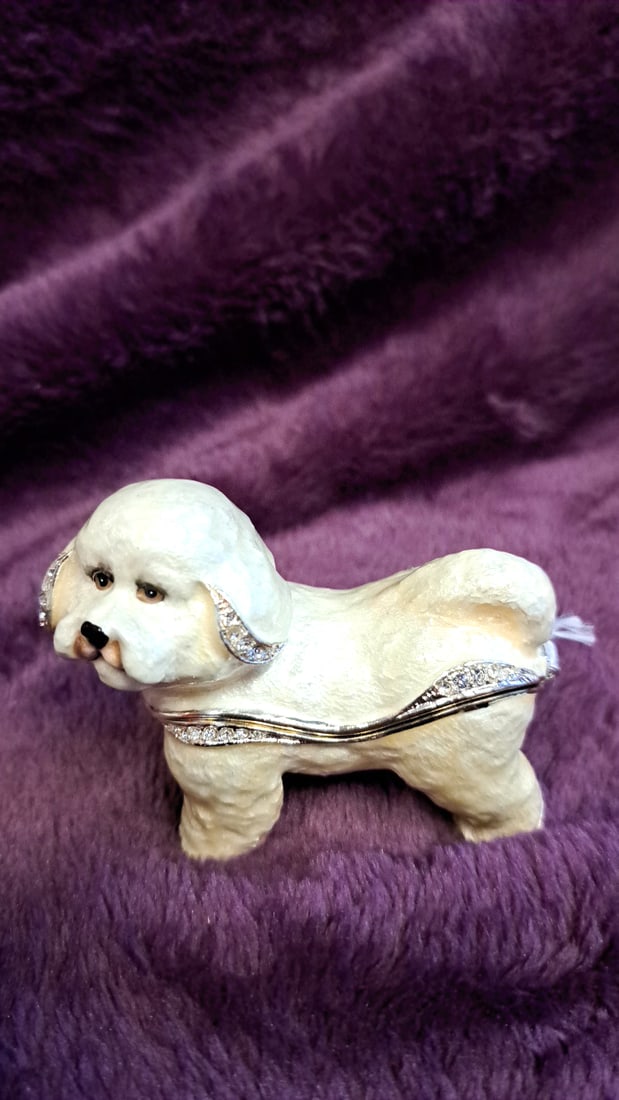 Set Of 2 Jeweled Enamel Hinged Trinket Boxes Zebra & White Dog Figurines 3" - 3