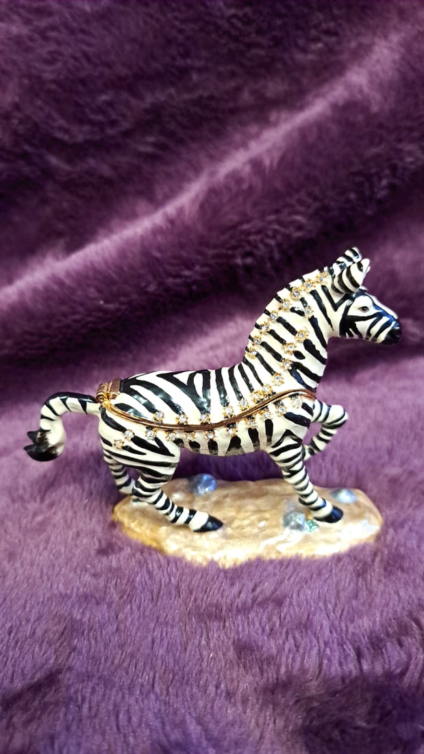 Set Of 2 Jeweled Enamel Hinged Trinket Boxes Zebra & White Dog Figurines 3" - 7