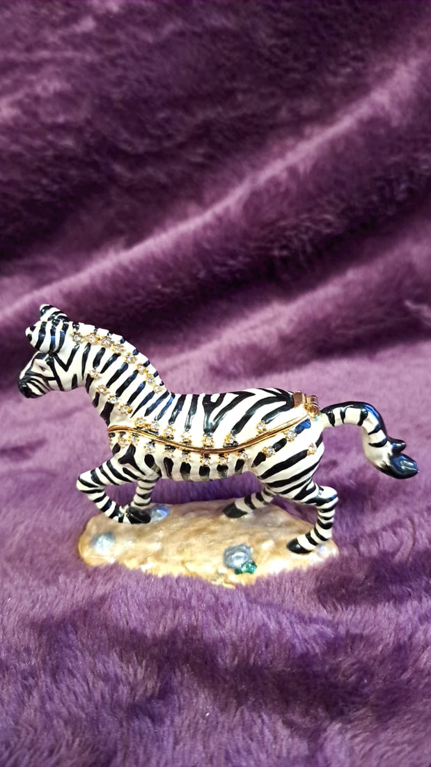 Set Of 2 Jeweled Enamel Hinged Trinket Boxes Zebra & White Dog Figurines 3" - 8