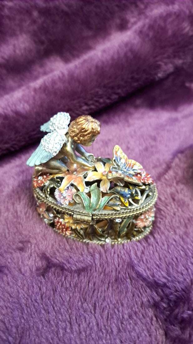 Lot Of 4 Decorative Trinket Boxes: Enamel Teapot, Cherub, Floral Heart & Silver Tone - 4