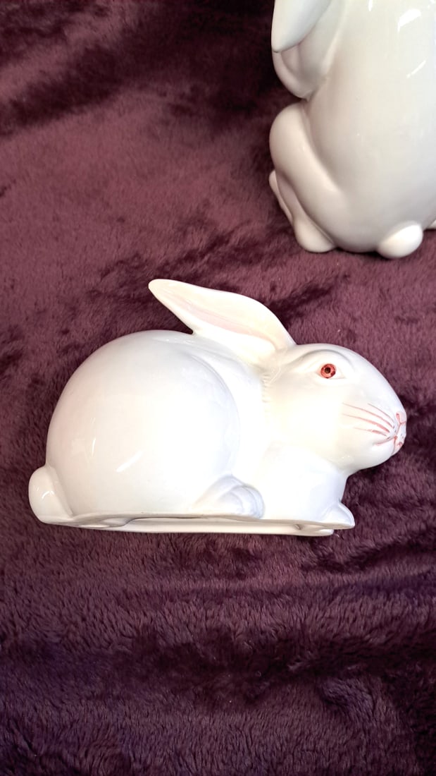Lot Of 3 Fitz And Floyd White Ceramic Rabbit Figurines With Red Eyes - 7