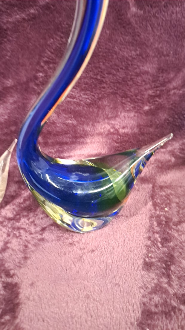 Art Glass Swan Figurines Pair, Blue Green And Clear, Tallest Approx. 10 In - 2