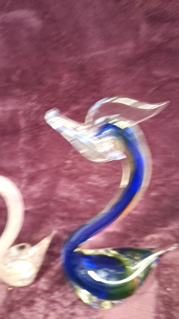 Art Glass Swan Figurines Pair, Blue Green And Clear, Tallest Approx. 10 In - 3