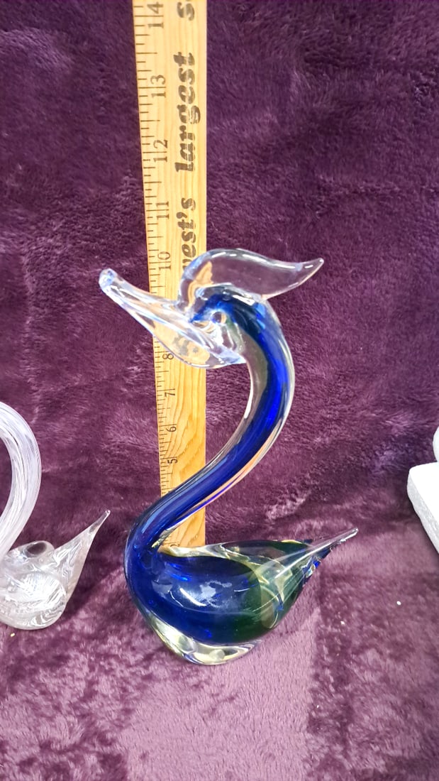 Art Glass Swan Figurines Pair, Blue Green And Clear, Tallest Approx. 10 In - 5