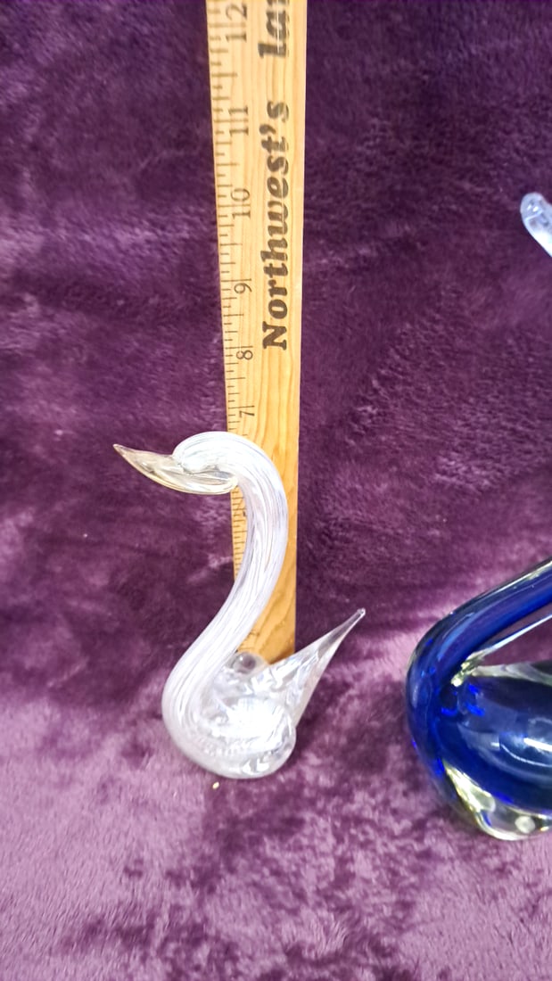 Art Glass Swan Figurines Pair, Blue Green And Clear, Tallest Approx. 10 In - 6
