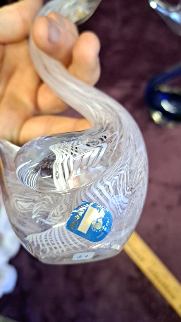 Art Glass Swan Figurines Pair, Blue Green And Clear, Tallest Approx. 10 In - 7