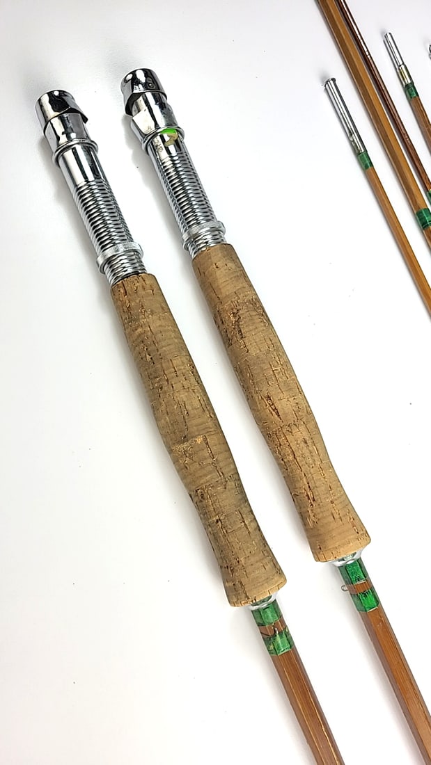 Pair Of Bamboo Fly Fishing Rods With Cork Handles, Green Wraps, Metal Tube And Cloth Bag - 2