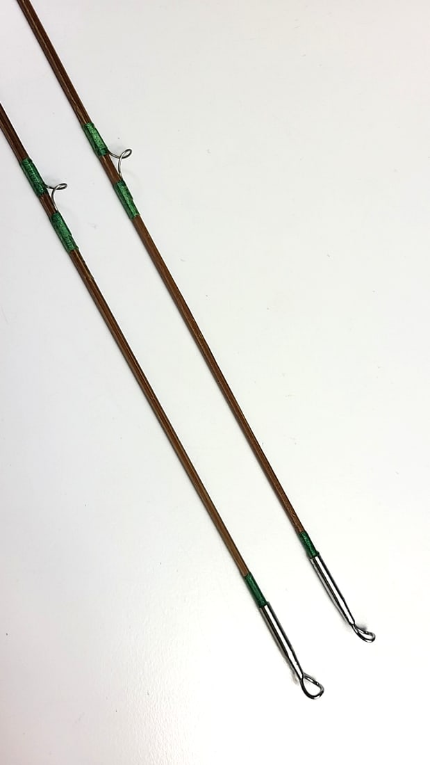 Pair Of Bamboo Fly Fishing Rods With Cork Handles, Green Wraps, Metal Tube And Cloth Bag - 7